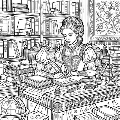 Immerse yourself in the intellectual world of the Renaissance with this detailed coloring page. Bring to life a poet, diligently writing amidst a grand library setting, perfect for all ages.