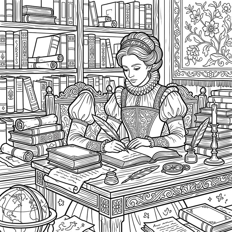 Immerse yourself in the intellectual world of the Renaissance with this detailed coloring page. Bring to life a poet, diligently writing amidst a grand library setting, perfect for all ages.