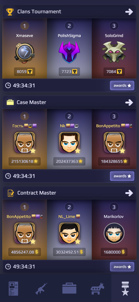 Pantalla de la aplicación Case Royale que muestra las tablas de clasificación para Clanes, Maestro de Cajas y Maestro de Contratos
