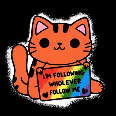 cat with a sign that says i’m following whoever follows me
