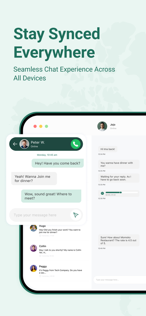 WeTalk mobile app showing chat synchronization and messaging interface across multiple devices.