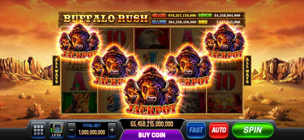 Vegas Holic Buffalo Rush slot machine game screen showing jackpot symbols