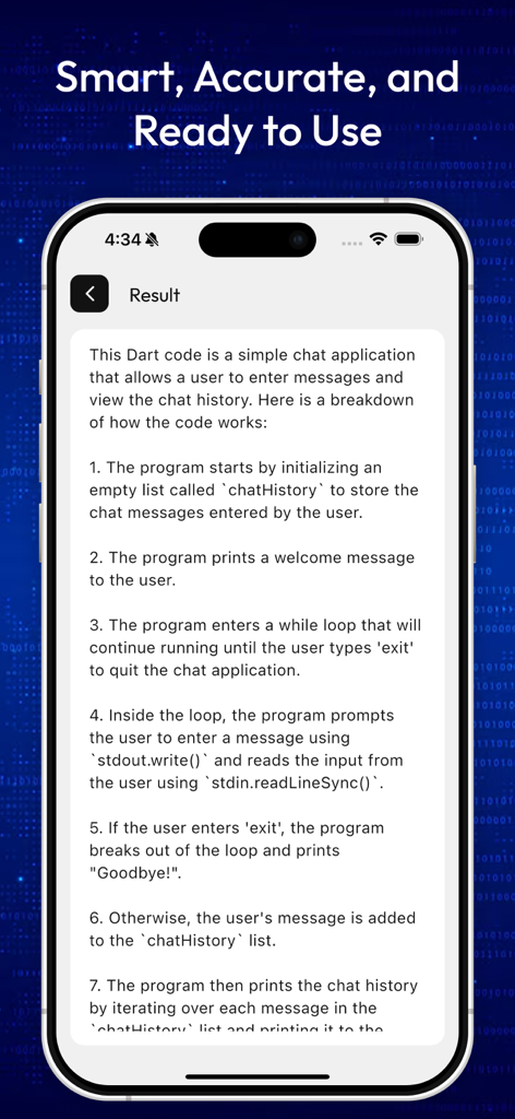 AI generated step by step explanation of Dart code for a chat application displayed on a mobile screen
