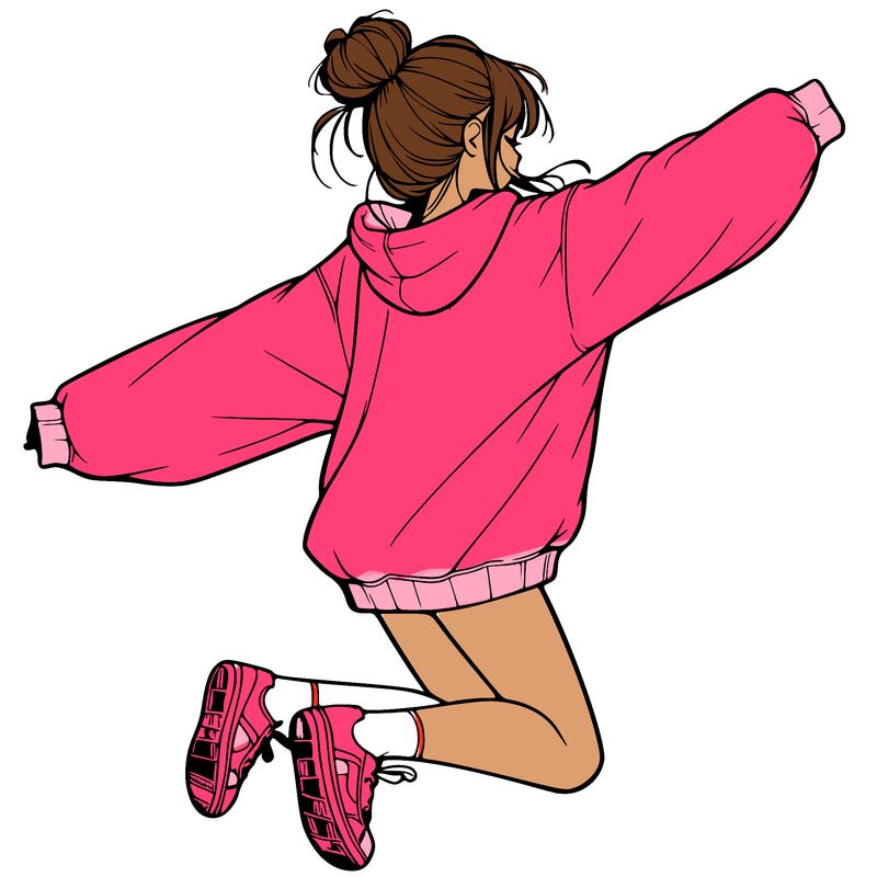 realistic girl jumping with a bun and oversized sweatshirt