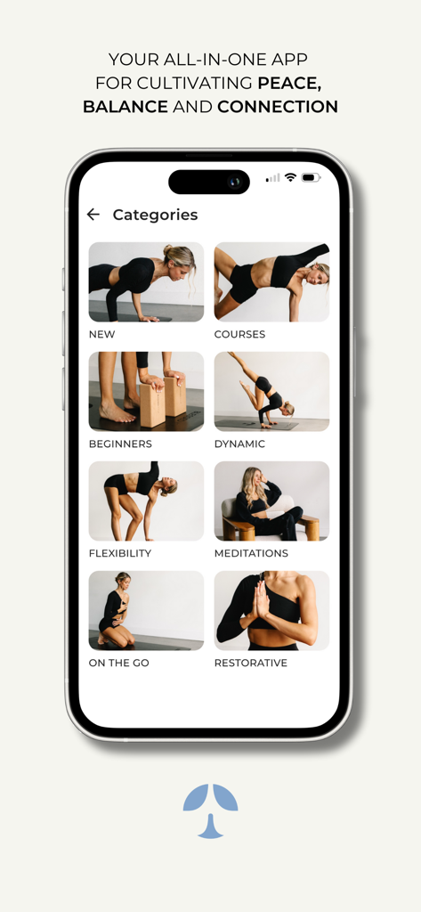 Blessed Yoga by Jen Morel - Blessed Yoga app categories screen showing classes for beginners flexibility and meditations