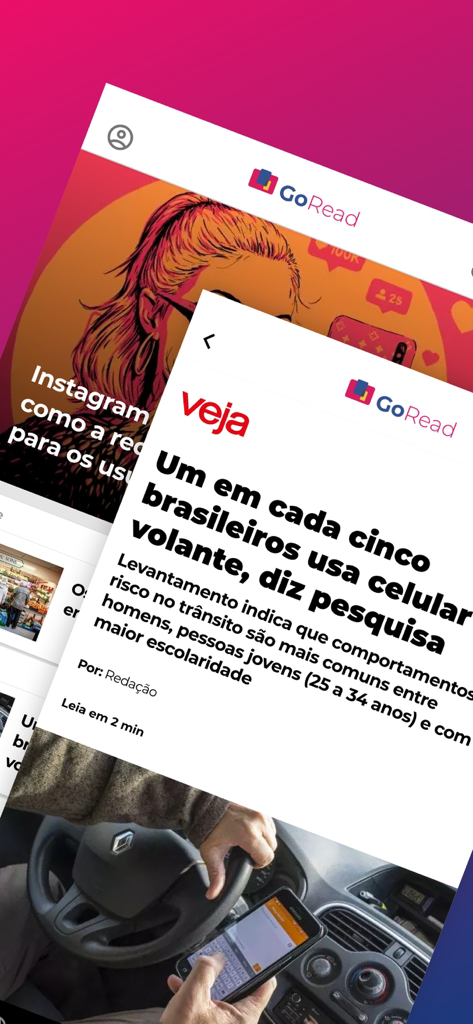 GoRead app interface showing a Veja magazine article about cell phone use while driving
