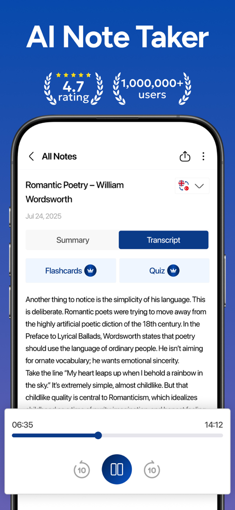 AI Note Taker mobile app interface displaying a lecture transcript on Romantic Poetry with summary and quiz options