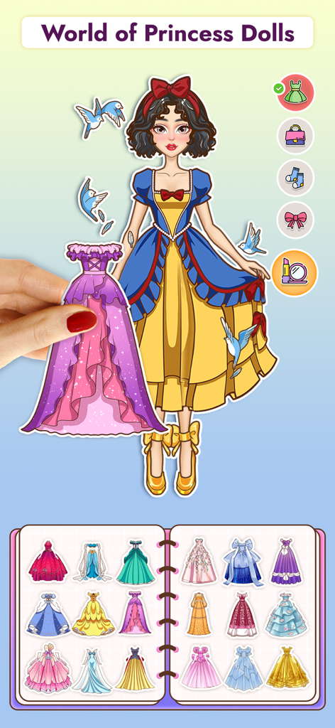 Una princesa muñeca de papel siendo vestida con un traje morado en un juego de moda