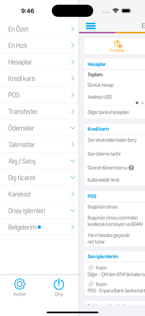Interface of the Enpara Bank business banking app showing navigation menu and account summaries