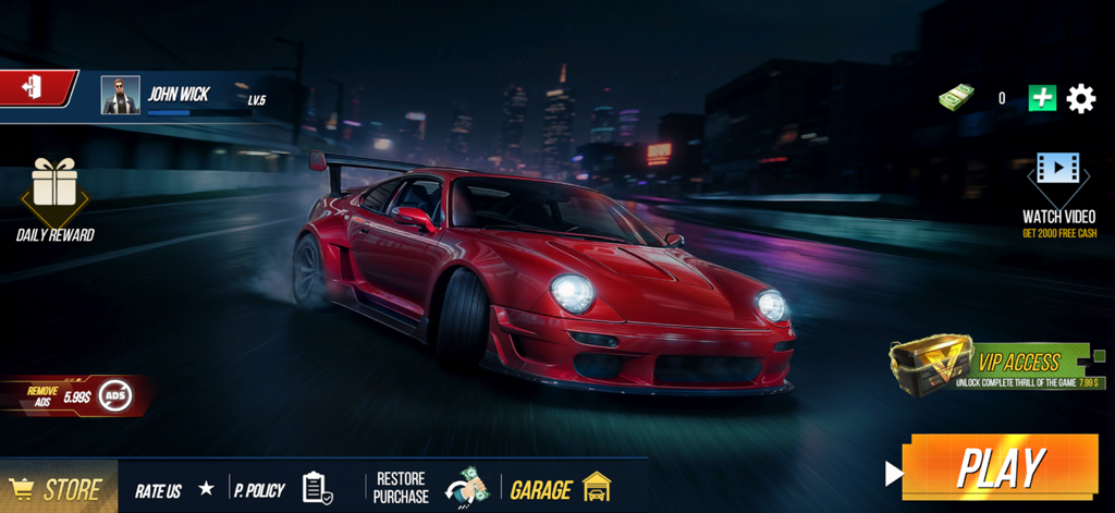 Midnight City Drifting Games - A red sports car on a wet night road with a city skyline in the background of the Midnight City Drifting Games menu