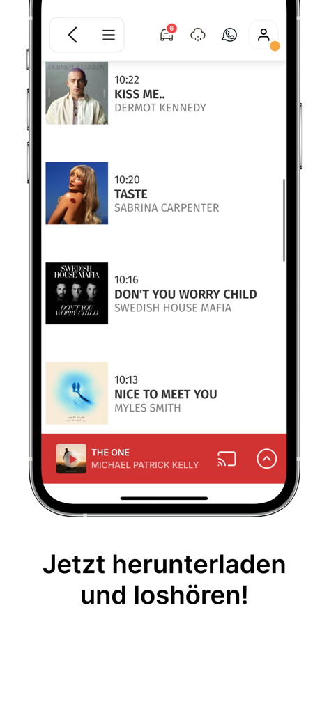 Radio Pilatus - Radio Pilatus mobile app playlist screen displaying recent music hits