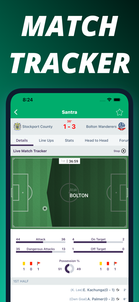 Santra app live soccer match tracker showing real time game statistics and scores