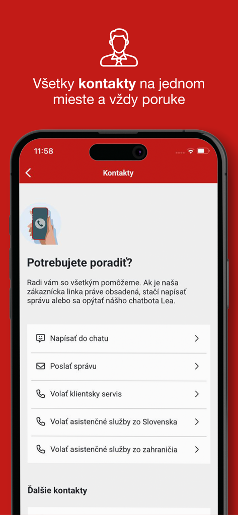 Moja Generali - Moja Generali insurance app screen showing customer support contact options including chat and phone calls.
