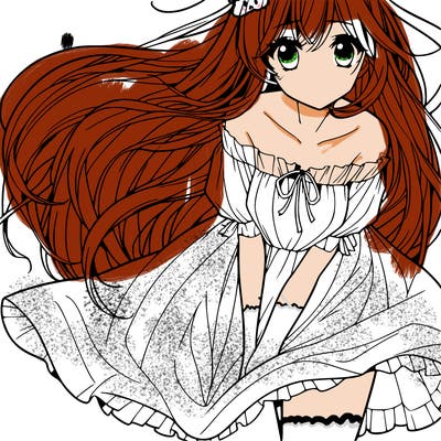 manga girl with long flowing hair and a dress that is pushed down