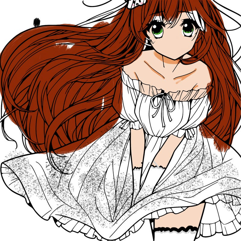 manga girl with long flowing hair and a dress that is pushed down