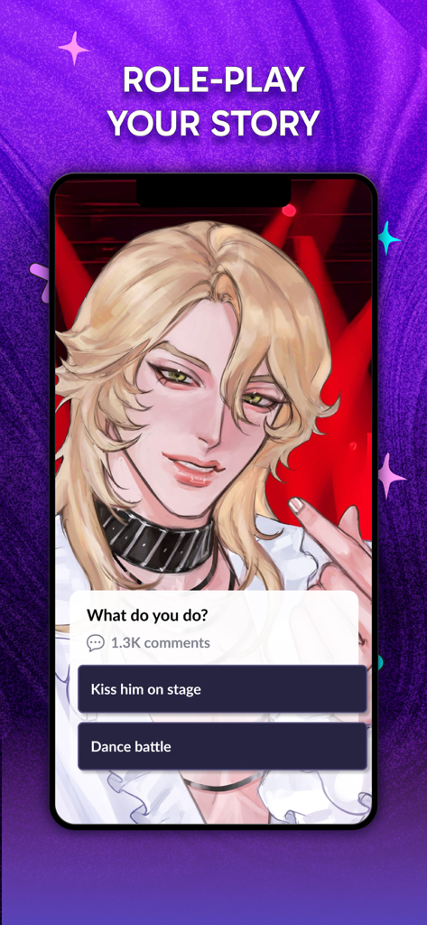 Mobile app interface showing a roleplay story with choices for a blonde character.