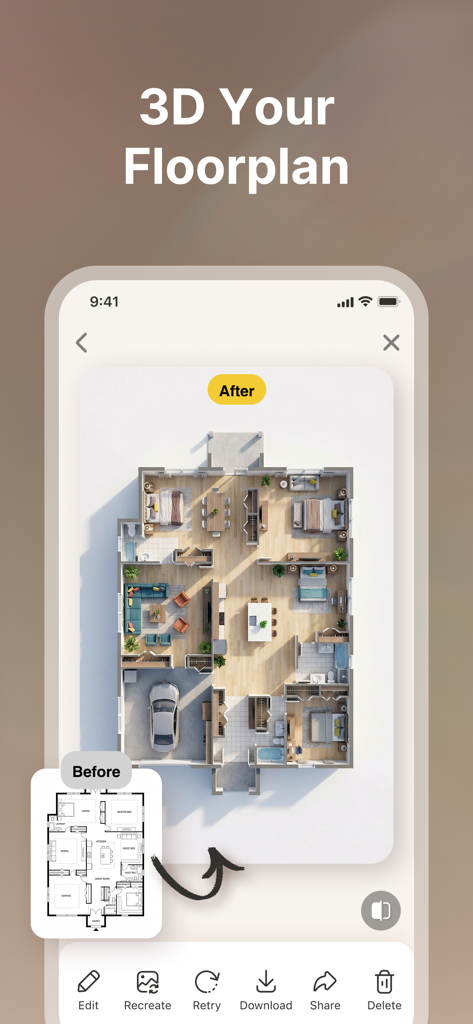 HomeGPT：AI Interior Design - A 2D architectural floor plan being transformed into a detailed 3D interior design visualization using AI.