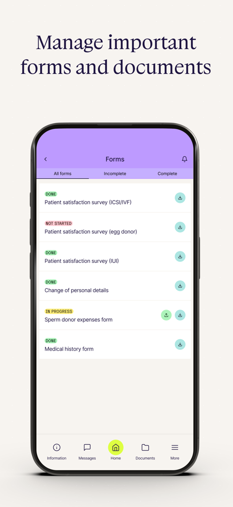 Salve - Smartphone screen showing the Salve app forms interface where users can manage medical documents and surveys for their fertility treatment.