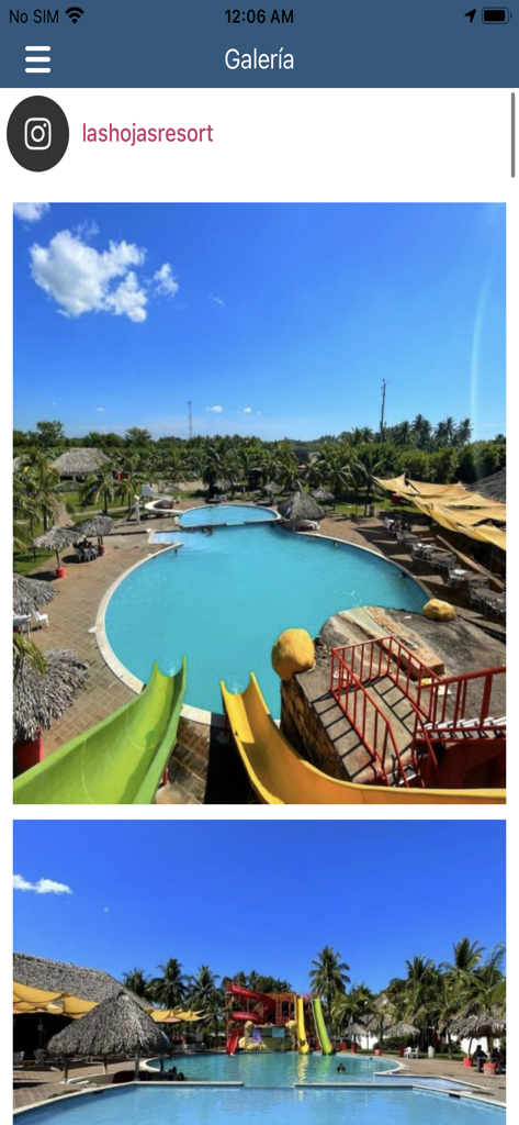 Las Hojas Resort - Captura de pantalla de la galería de la aplicación Las Hojas Resort mostrando la zona de la piscina con toboganes y palmeras.
