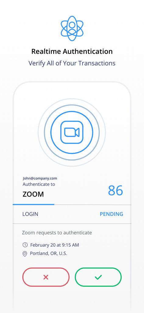 SecureAuth MFA - SecureAuth MFA mobile app interface showing a pending realtime authentication request for a Zoom login with approve and reject options