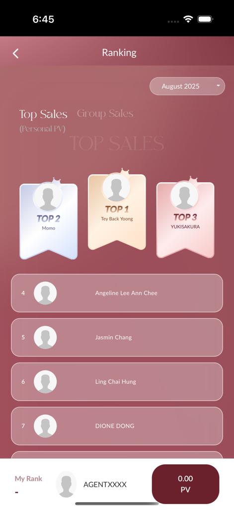 DRÊVE - Écran de classement dans l'application DREVE affichant les meilleurs agents de vente et les classements personnels de PV.