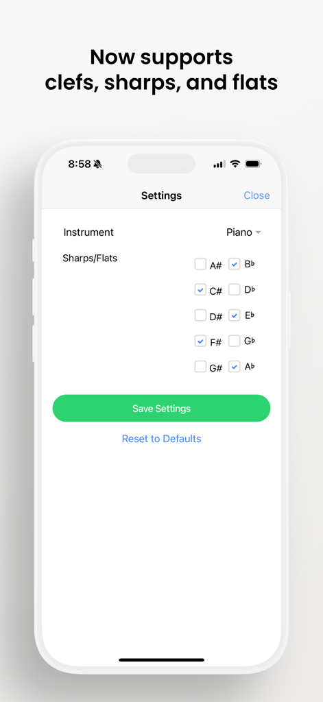 Find the Note - Find the Note app settings page showing options for instrument selection and preferences for sharps and flats.