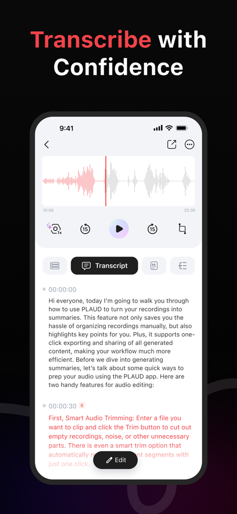 A smartphone displaying the PLAUD Business app interface with an audio waveform and real time AI text transcription