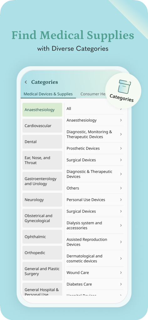 EZ Rx mobile app interface showing a comprehensive list of medical device and supply categories for healthcare professionals.
