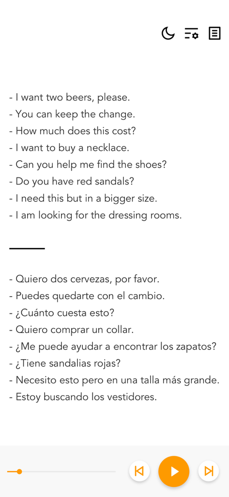 Beelinguapp: Language Learning - Parallel text reading interface in Beelinguapp showing English and Spanish phrases side by side.