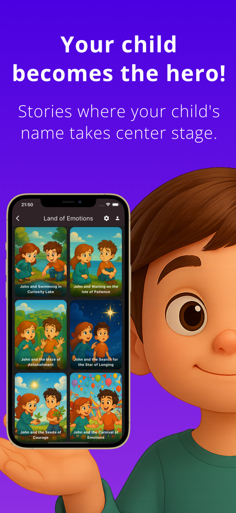 MyTale: Bedtime Stories - Interfaz de la aplicación MyTale mostrando cuentos personalizados para dormir donde el niño es el héroe