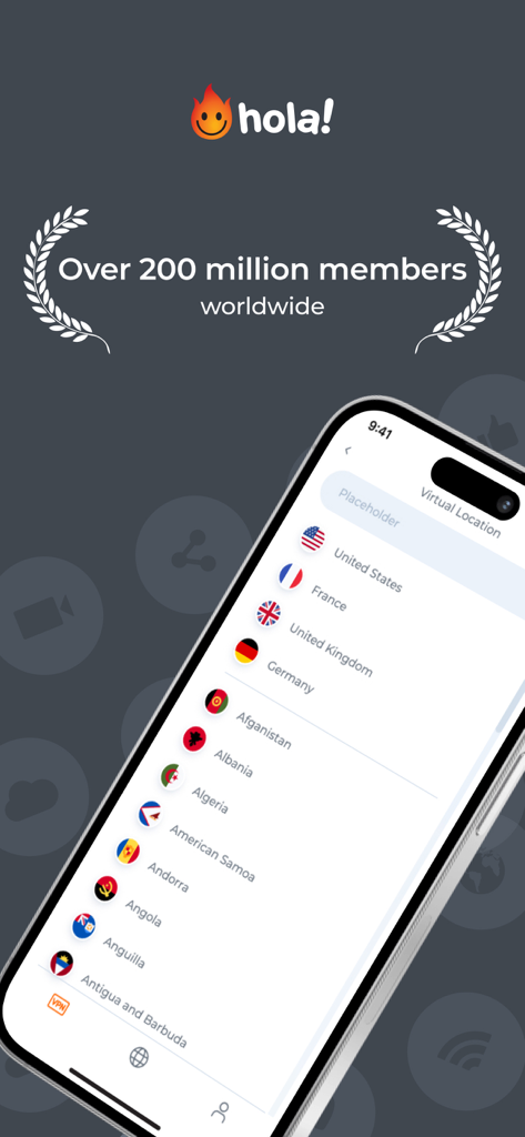 App Hola VPN che mostra un elenco di posizioni virtuali per l'accesso a contenuti globali