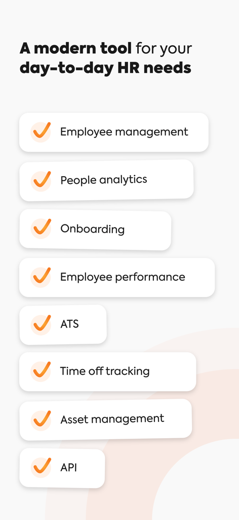 TalentHR - All-in-one HRIS - A checklist of core HR features in the TalentHR app including employee management, onboarding, and people analytics