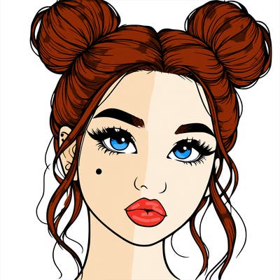 realistic girl with two buns on her hair and lips