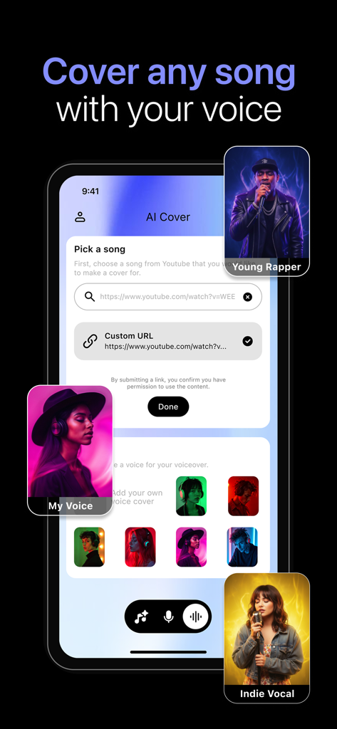 AI Music · Song & Cover Maker - Interfaz de la aplicación AI Music que muestra cómo crear una portada de canción usando una voz de IA personalizada y un enlace de YouTube.