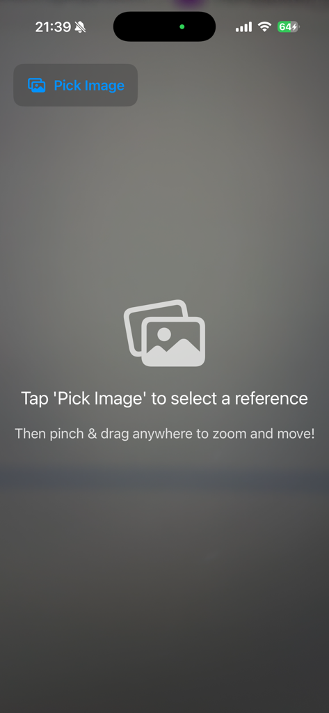 Transparent Drawing - User interface of the Transparent Drawing app showing the initial screen with a Pick Image button and instructions to select a reference for tracing.