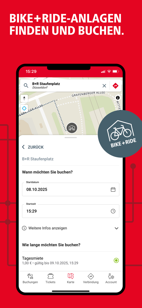 redy - Oberfläche der redy Mobilitäts-App, die den Buchungsbildschirm für ein Fahrrad und eine Fahreinrichtung in Düsseldorf anzeigt