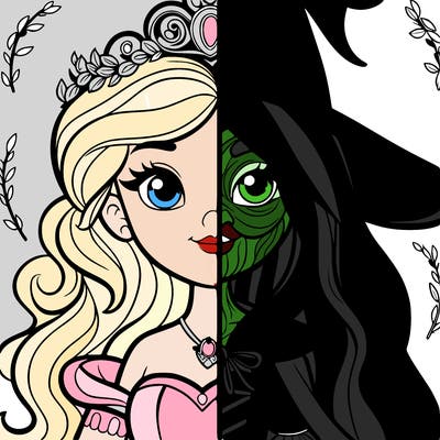 detailed realistic split of a princess and a witch