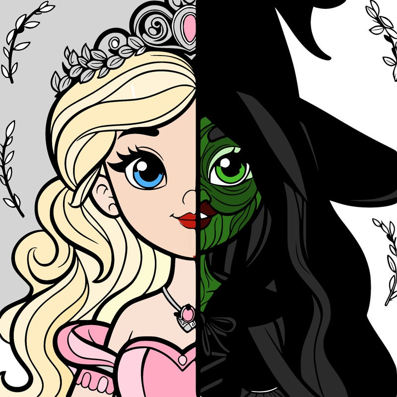 detailed realistic split of a princess and a witch