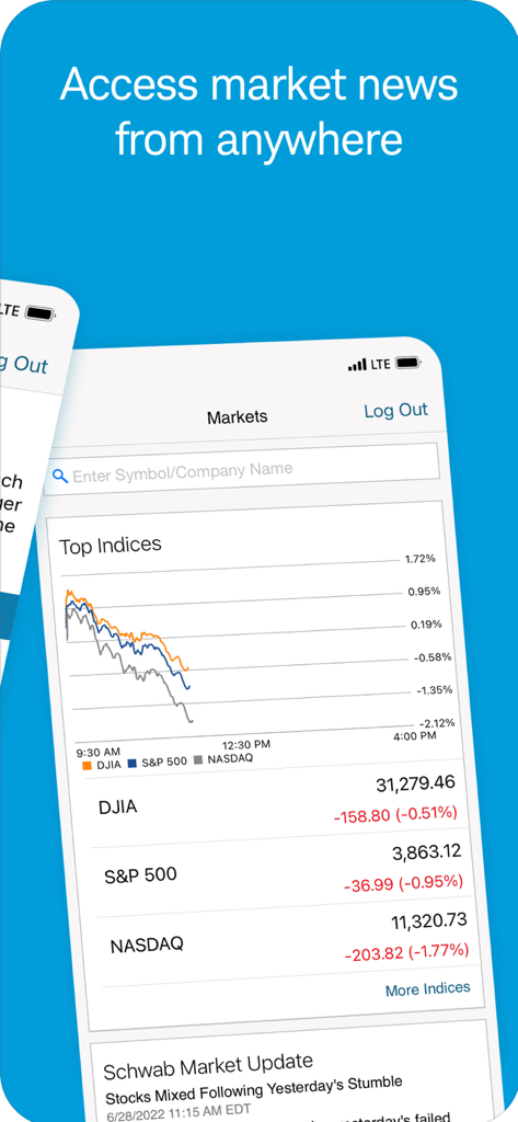 Interfaccia dell'app Schwab Workplace Retirement che visualizza gli indici di borsa e i grafici delle prestazioni.