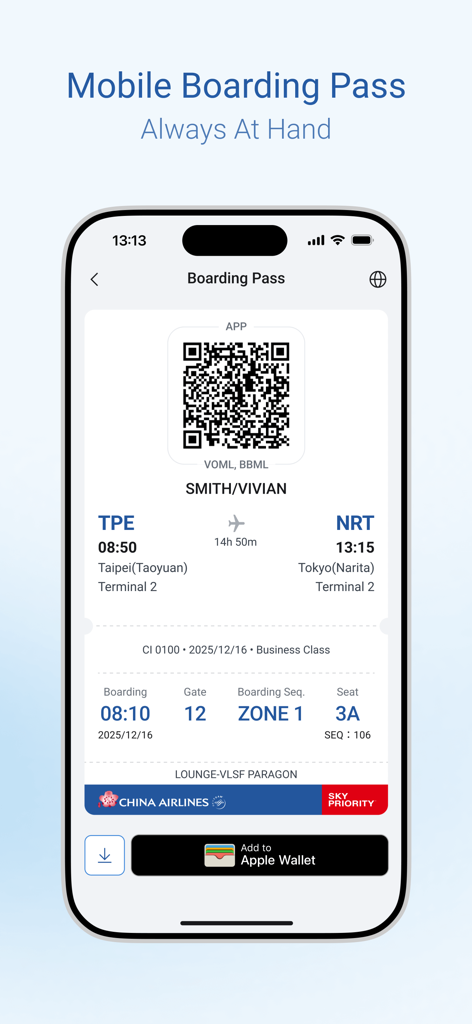 China Airlines App - A mobile boarding pass on the China Airlines app displaying flight details and a QR code