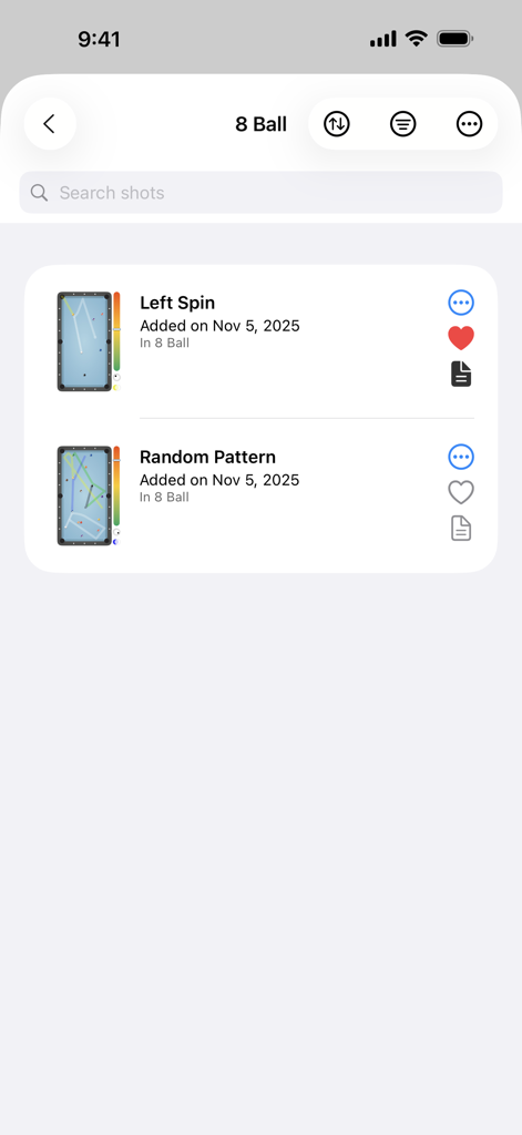 Billiard Shot Studio - Aplicativo Billiard Shot Studio mostrando uma lista de tacadas de 8 bolas salvas com miniaturas de pré-visualização e notas técnicas.