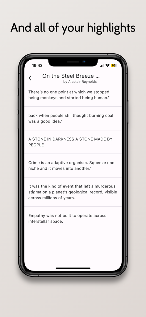 Kindle Clippings - Una lista de resaltados de libros guardados que se muestran en una pantalla de iPhone dentro de la aplicación Kindle Clippings.