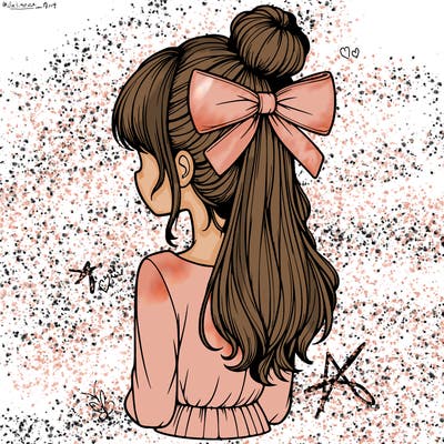 realistic girl  with hip length hair a bun and a big bow on the back of head