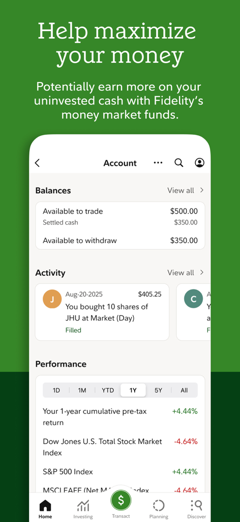 フィデリティ・インベストメンツアプリの口座ダッシュボード。残高とパフォーマンス指標が表示されています。