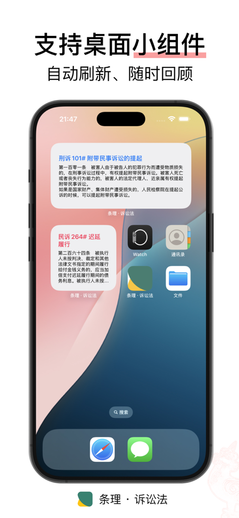 Startbildschirm des iPhones, der Widgets mit Rechtsklauseln aus der Tiaoli-Prozessrecht-App anzeigt.