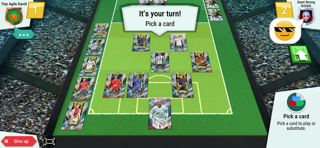 Panini FIFA 365 AdrenalynXL™ - In-game view of a soccer card match in Panini FIFA 365 Adrenalyn XL showing player cards on a pitch.