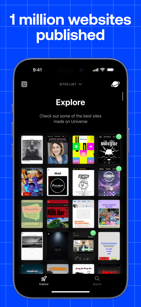 Universe Website Builder - A smartphone screen displaying a grid of diverse websites created by users on the Universe platform.