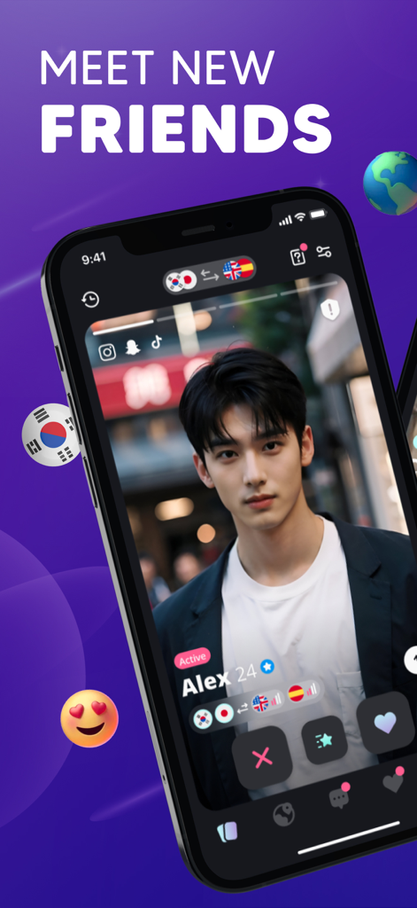Tela de smartphone mostrando um perfil de usuário verificado no aplicativo Moji para conhecer amigos da Coreia e do Japão