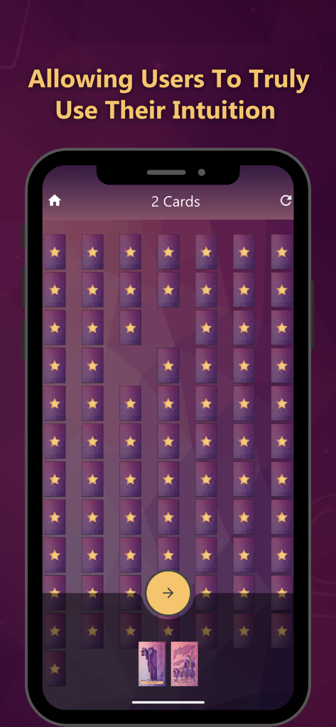 Meu Tarot - Interfaccia di uno smartphone dell'app Meu Tarot che mostra una griglia di carte coperte che consente agli utenti di selezionare intuitivamente una stesa di due carte.