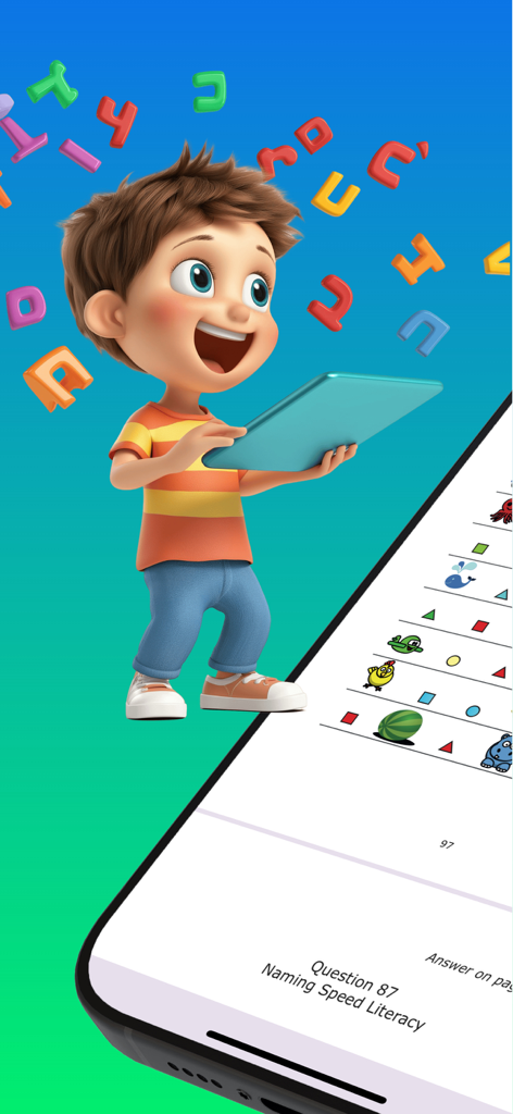 An animated boy holding a tablet with colorful floating letters and an iPhone screen displaying a WISC-V naming speed literacy practice question.